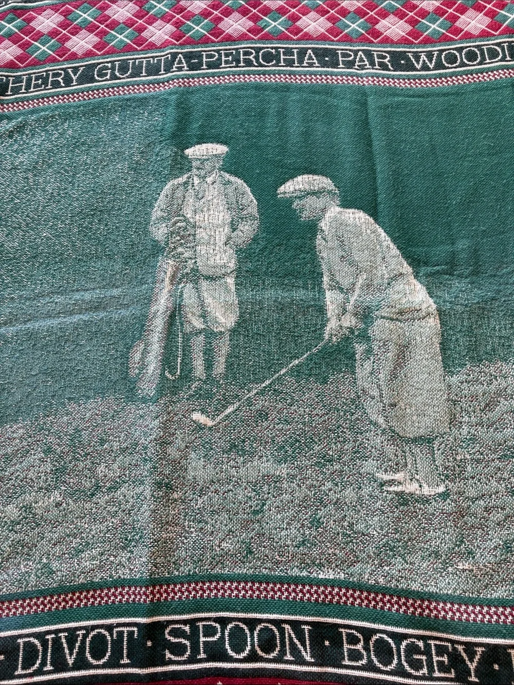 Vintage Golf Jaquard Tapestry Red Green Throw Blanket.